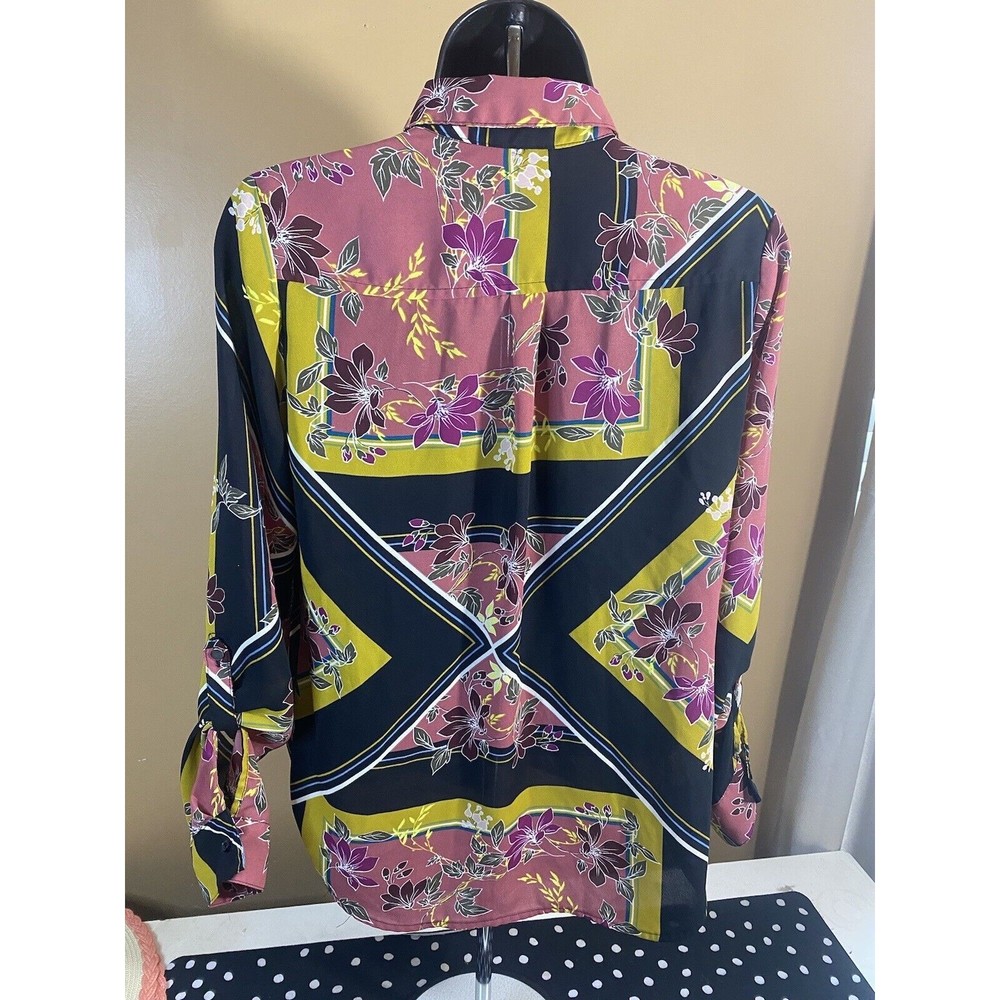 Multicolor Floral/striped Button Up Top With Pockets/button Sleeves Size XS - Picture 6 of 16